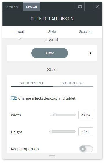 The DESIGN tab options of the Click to Call widget showing Button Style options.