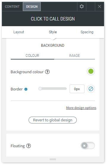 The DESIGN tab options of the Click to Call widget showing further button style options.