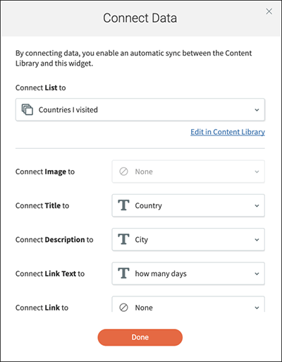 Connect Data option window showing options on how to connect a list widget to a dynamic page.