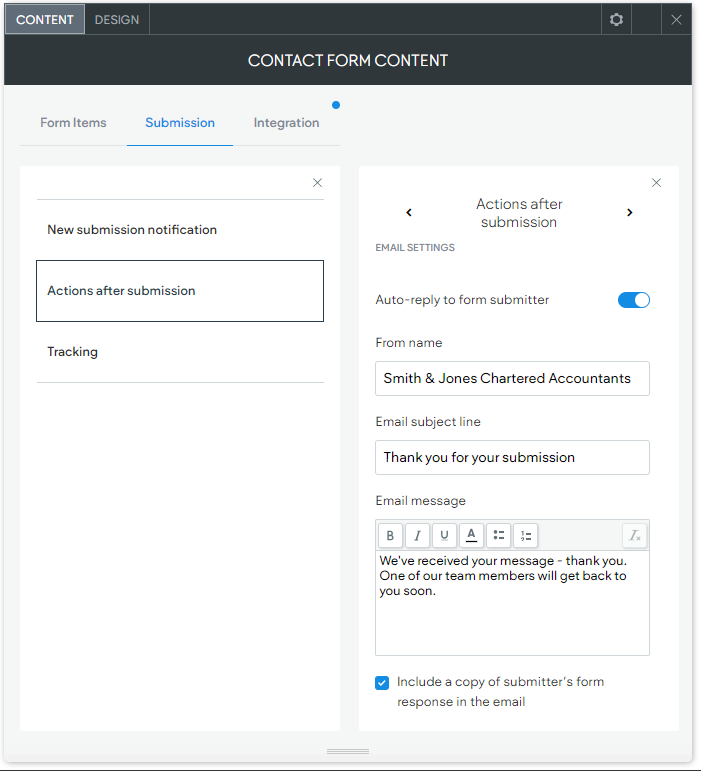 Image showing customer confirmation email settings in the Actions after submission options.
