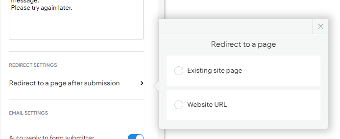 Image showing the options to redirect to a page after a form has been submitted.