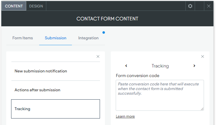 Image showing the Tracking options under Submissions in CCH Web Manager's Contact Form widget.