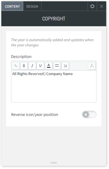 The CONTENT tab options of the Copyright widget.
