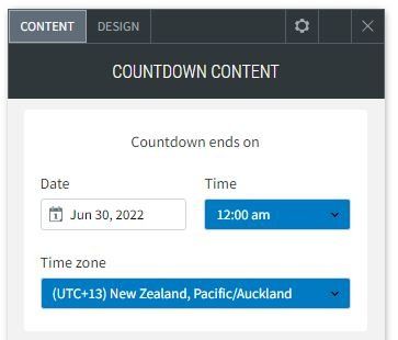 The CONTENT tab options of the Countdown widget showing the date and time options.