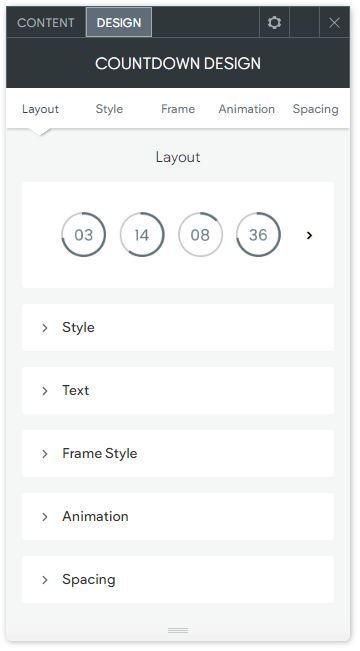 The DESIGN tab options of the Countdown widget.