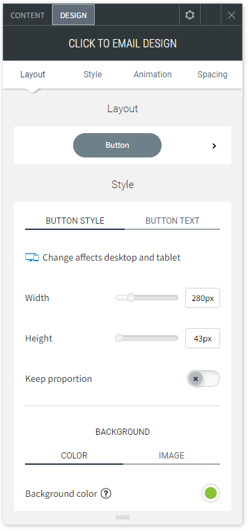 The DESIGN tab options of the Click to Email widget.