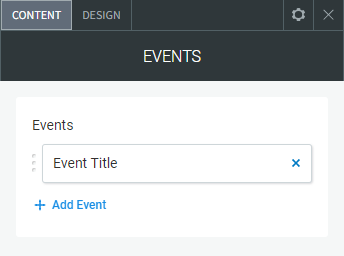 The CONTENT tab options of the Events widget highlighting adding new event.