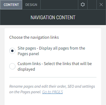 The CONTENT tab options of the Navigation Links widget.