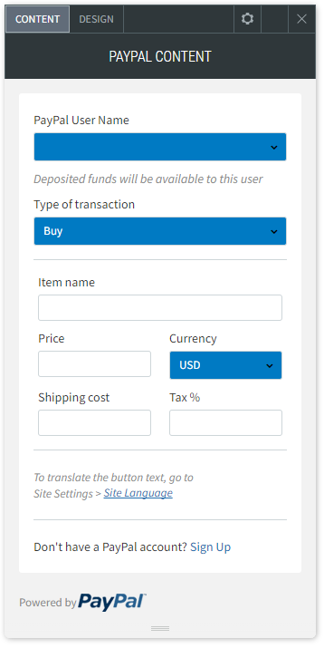 The CONTENT tab options of the PayPal widget.