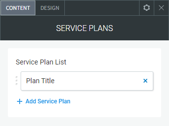 The CONTENT tab options of the Service Plans widget highlighting adding a new service plan.