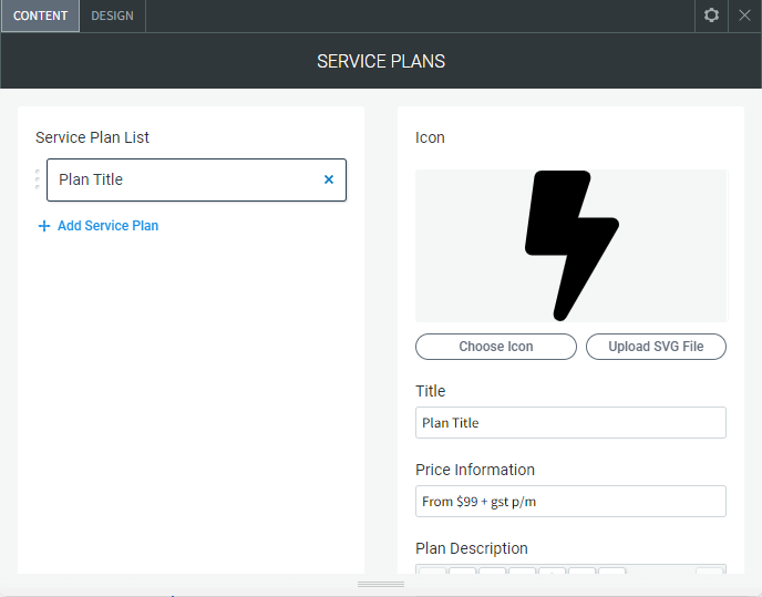 The full view of the CONTENT tab options of the Service Plans widget.
