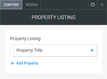 The CONTENT tab options of the Property Listing widget highlighting adding a new property listing.