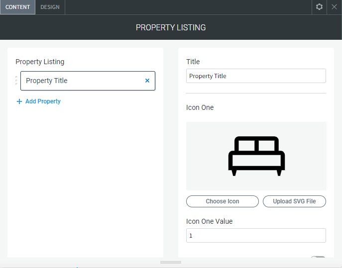 The full view of the CONTENT tab options of the Property Listing widget.