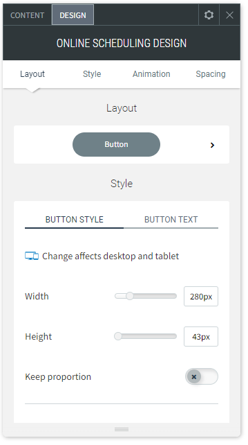 The DESIGN tab options of the Online Scheduling widget.