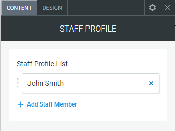 The CONTENT tab options of the Staff Profile widget highlighting adding a new profile.