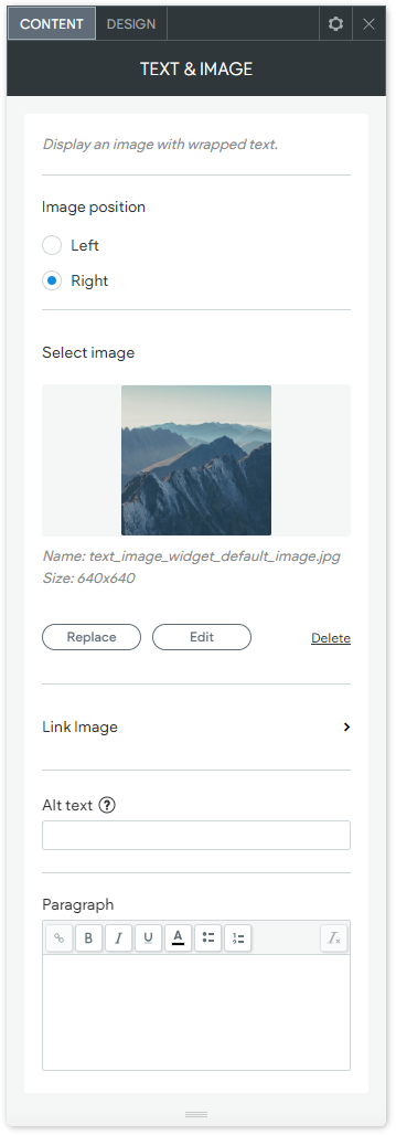 The CONTENT tab options of the basic Text & Imagewidget.
