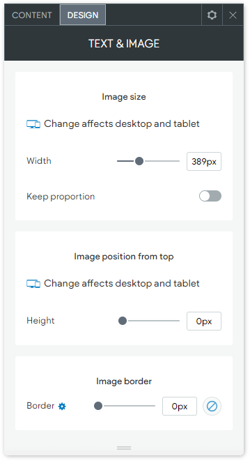 The DESIGNtab options of the basic Text & Image widget.