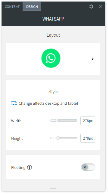 The DESIGN tab options of the WhatsApp widget.