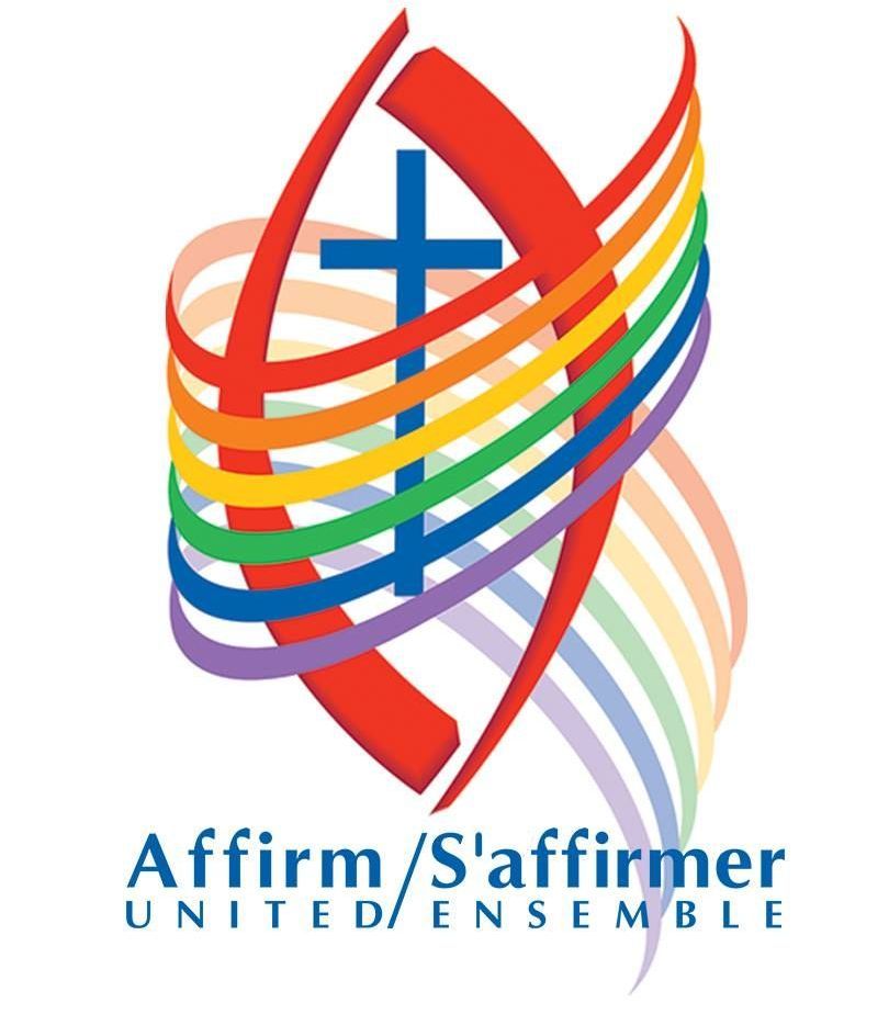 Logo of affirming united: a cross inside a crest, with rainbow lines swirling around the crest.
