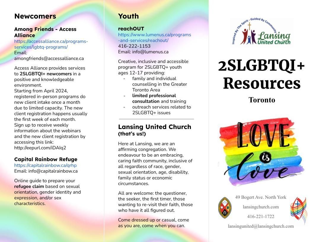 Front of the tri-fold queer resource brochure, of which all the information is listed on this web page.