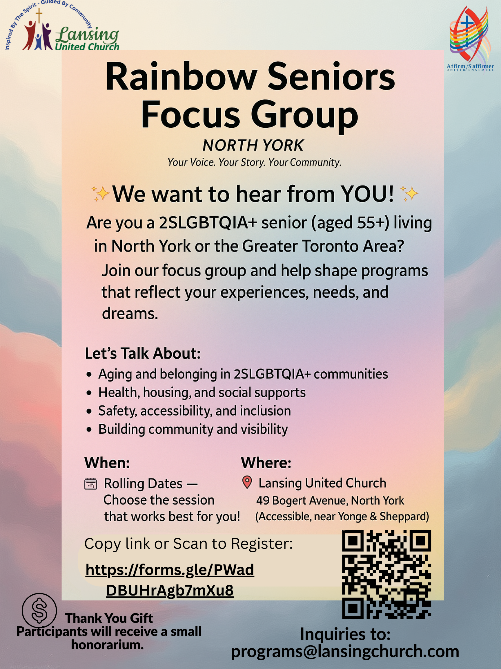 Poster asking for volunteers for a 2SLGBTQIA+ focus group (Seniors 55+)