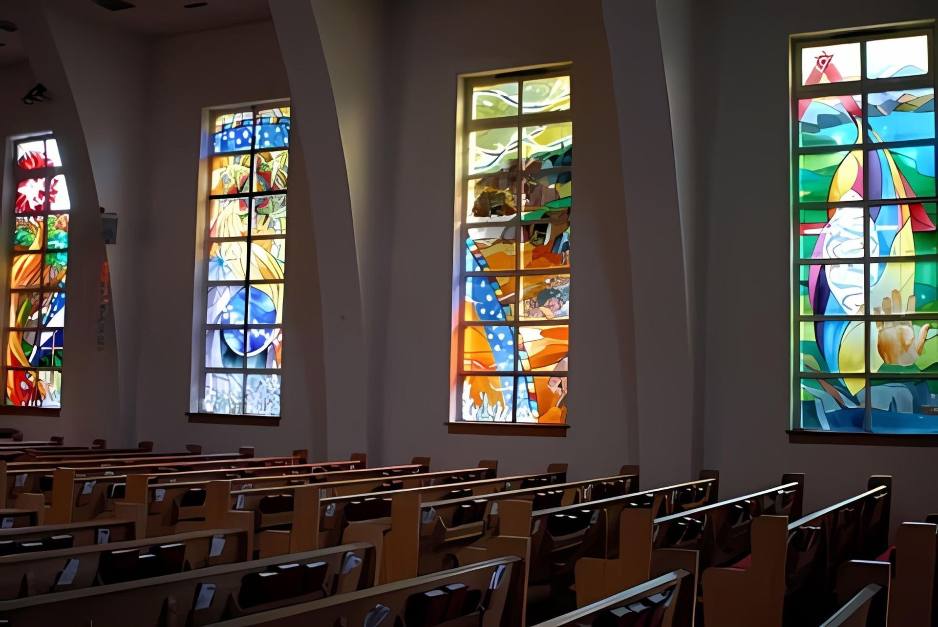 Four of the massive, colourful stained glass windows that depict varying pieces of biblical symbolism.