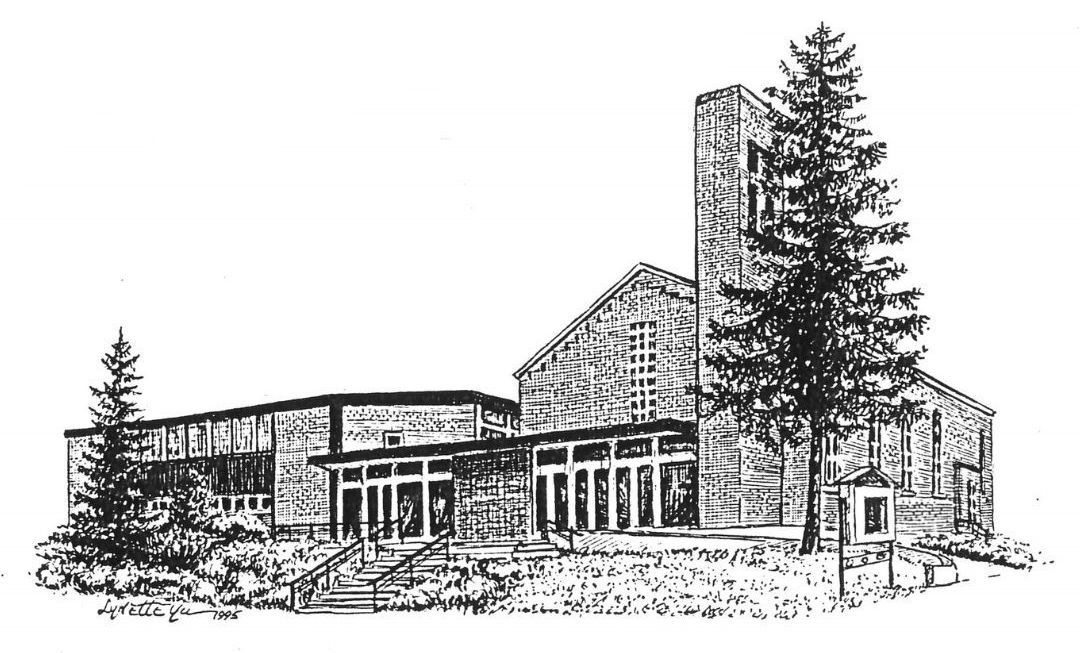 Drawing of the new Lansing building built in 1950, a long flat building connected to the a-frame roof of the church, along with its towering cross.