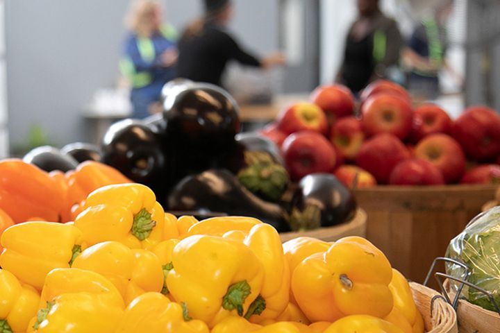 Photo of yellow bell peppers in the foreground, eggplants and apples in the background.