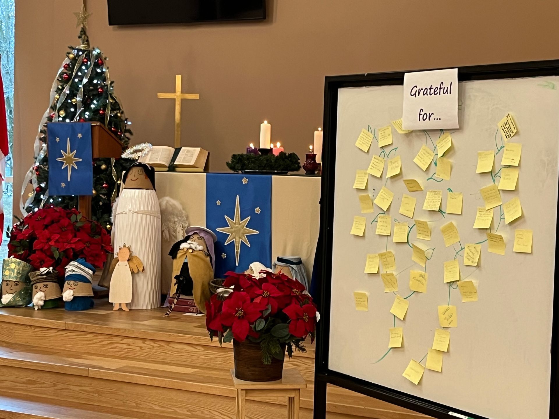 Photo of our Christmas service, where people have stuck up sticky notes of what they are all grateful for.