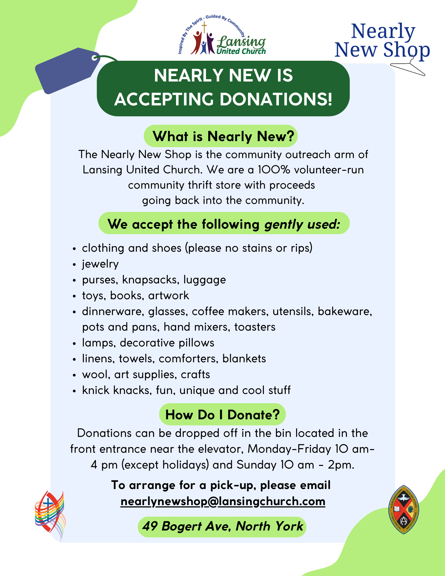 Flyer for our nearly new shop containing donation information: dropoff at 49 Bogert Avenue, gently used items are accepted.