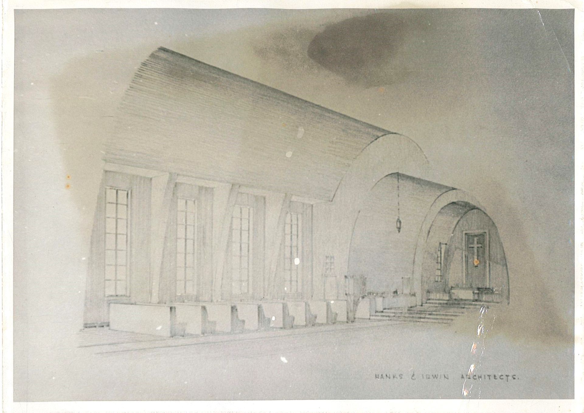 Sketch of Lansing's interior, a long, arching room lined with pews and large, high windows