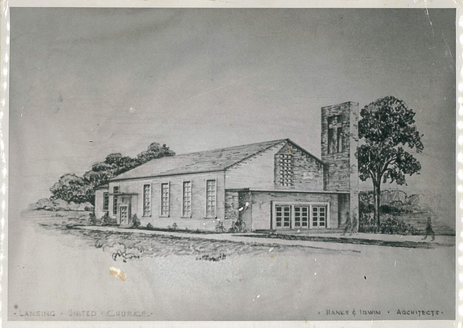 Sketch of Lansing's exterior, with large windows and a decorative wall with a cross built into it that is taller than the church itself.