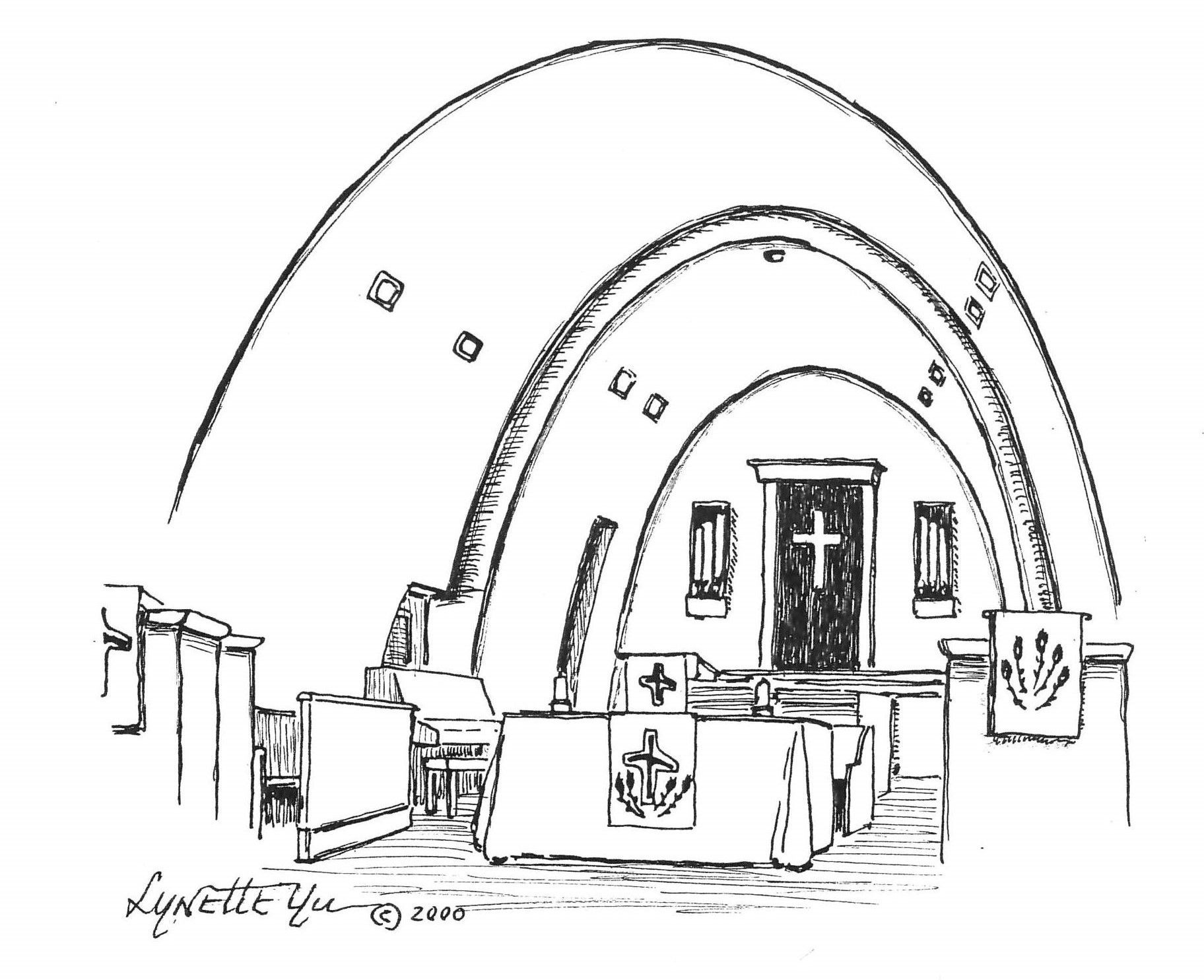 Drawing of Lansing's interior: a room with an arched ceiling, pews, and a door at the back with a cross.