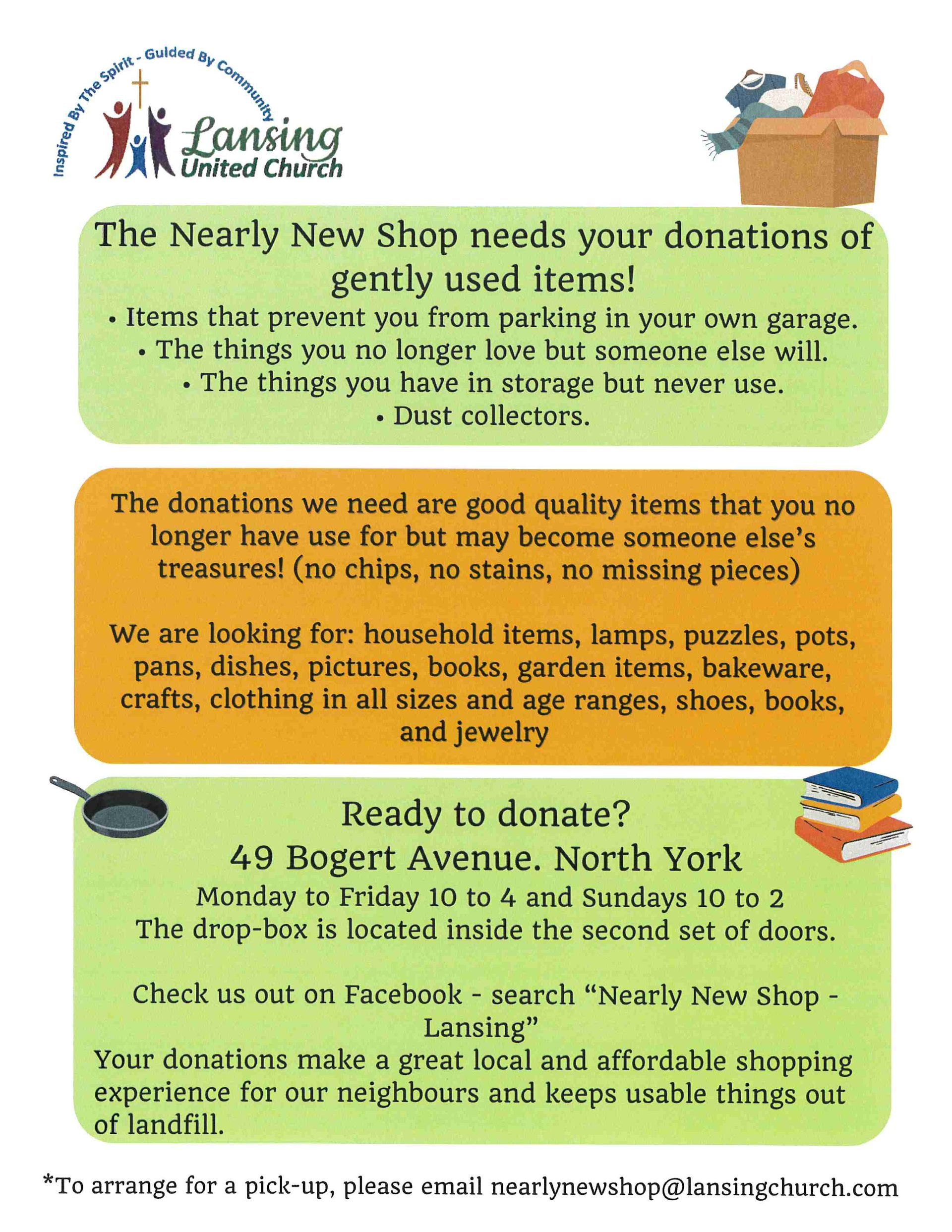 Nearly New Shop flyer asking for donations of gently used items to bring to 49 Bogert Avenue