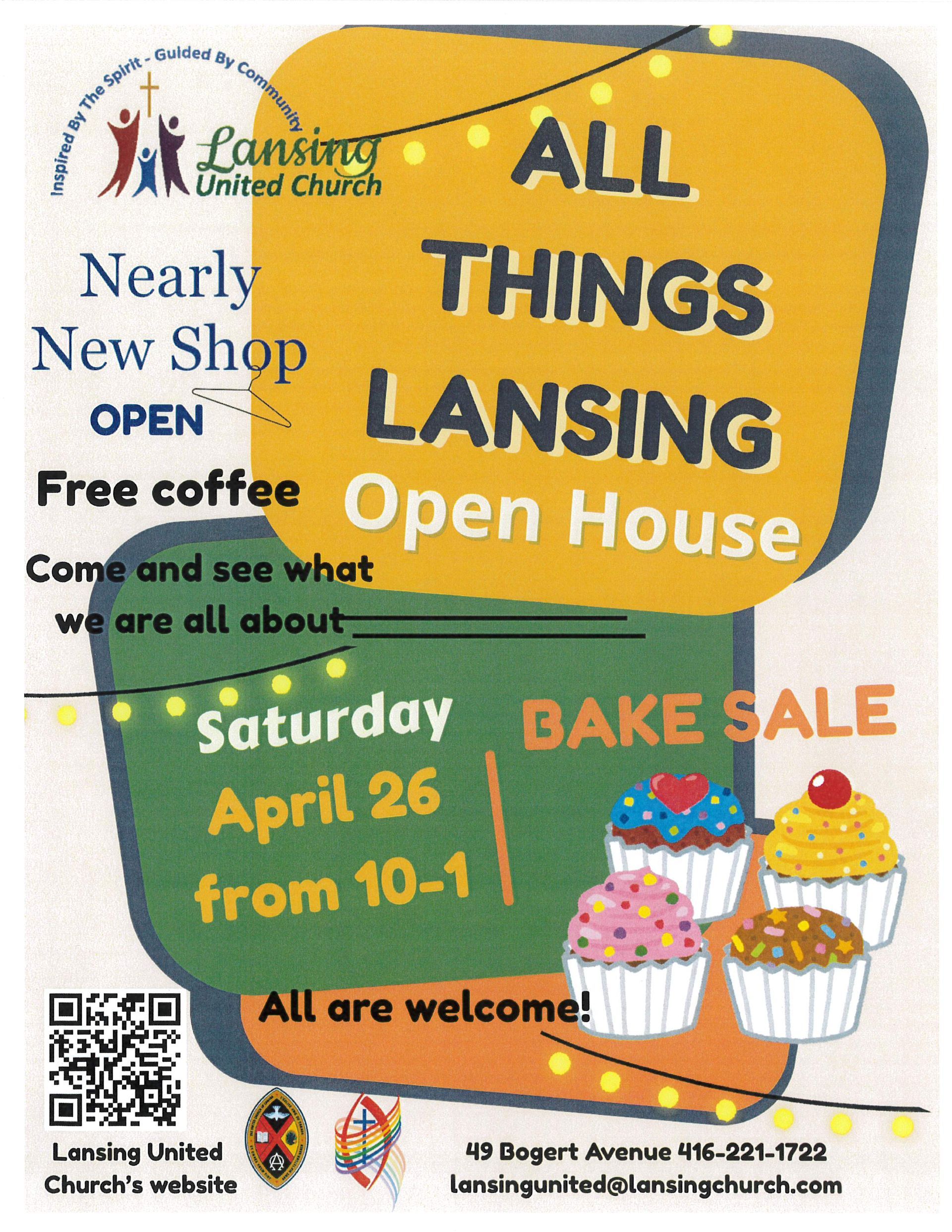Poster about a bake sale and tours of the building on Saturday, April 26th from 10-1. All are welcome