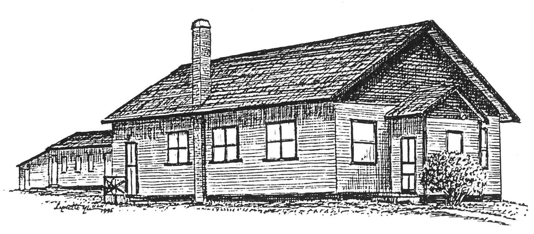 Drawing of Lansing's first building, a long, rectangular wooden building with an a-frame roof and an extension at the back.