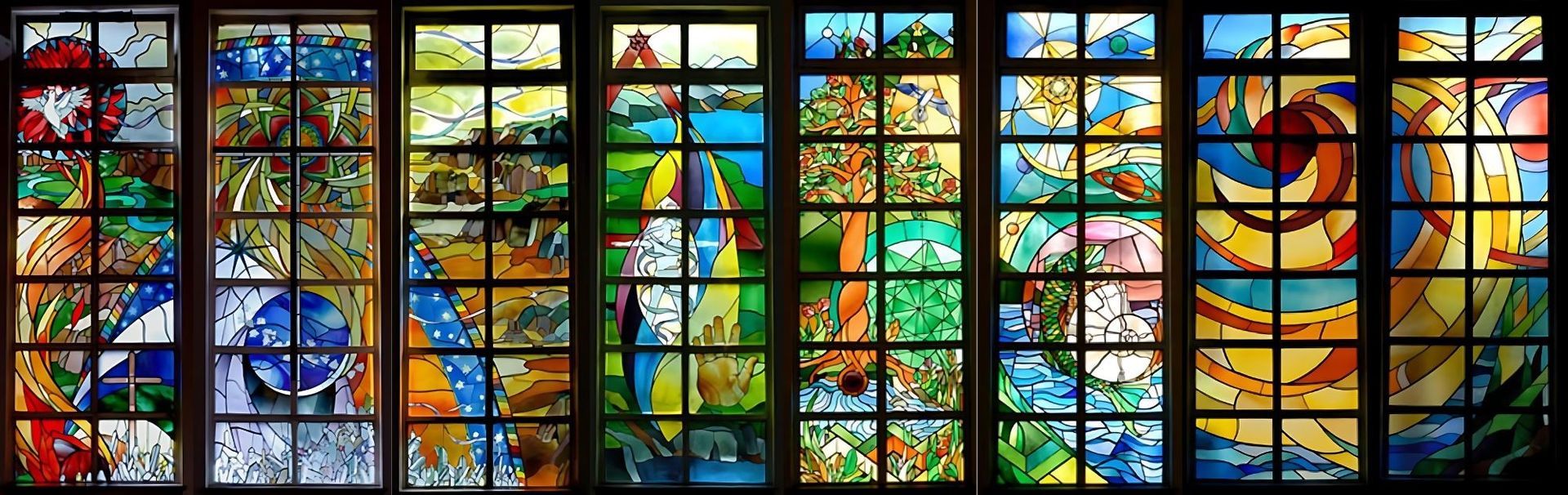 8 stained glass windows with both abstract and direct imagery, depicting biblical stories and symbolism of creation, crucifixion, resurrection, and the Pentecost.