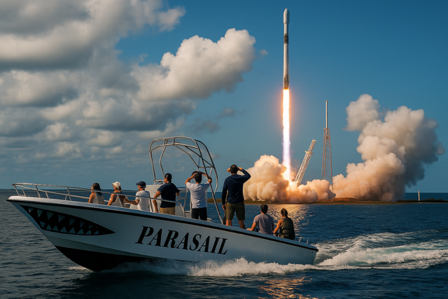 A boat named Parasail watches a rocket launch from the ocean, creating a bright orange plume and smoke.