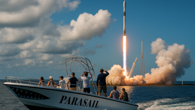 Boat with passengers watching a rocket launch. Blue sky, white clouds, sunny day at the coast.