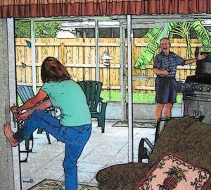 A person in a light green shirt and blue jeans opens a sliding glass door to a patio where another person stands by a grill.