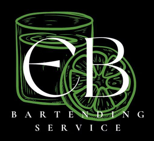 Green and white "EB Bartending Service" logo. Contains a cocktail glass, lime slice, and initials.