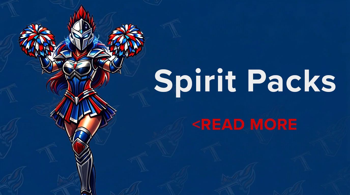 A mascot in a blue and red cheer uniform with pom-poms stands next to the text 