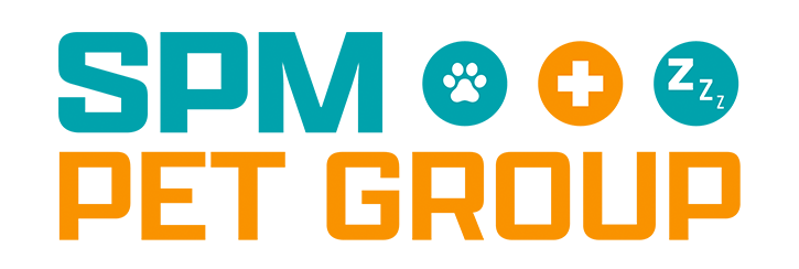 The spm pet group logo is blue and orange with a paw print.