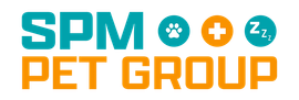 The spm pet group logo is blue and orange with a paw print.