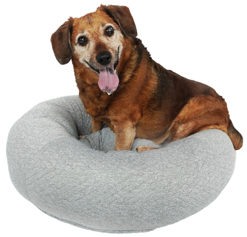 A brown dog is laying in a grey dog bed