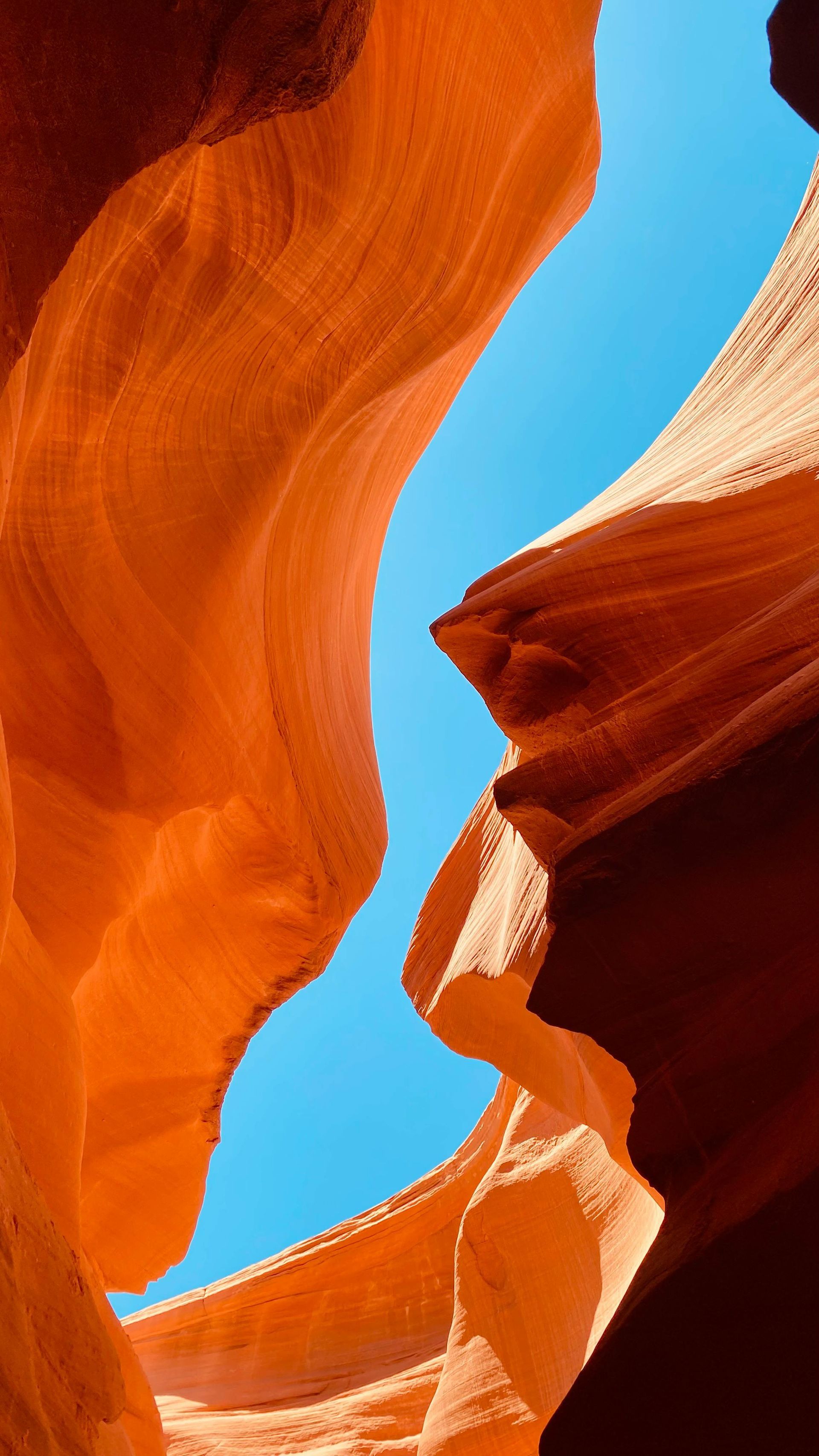 A low-angle view looking up at the smooth, flowing orange rock walls of a slot canyon against a bright blue sky.