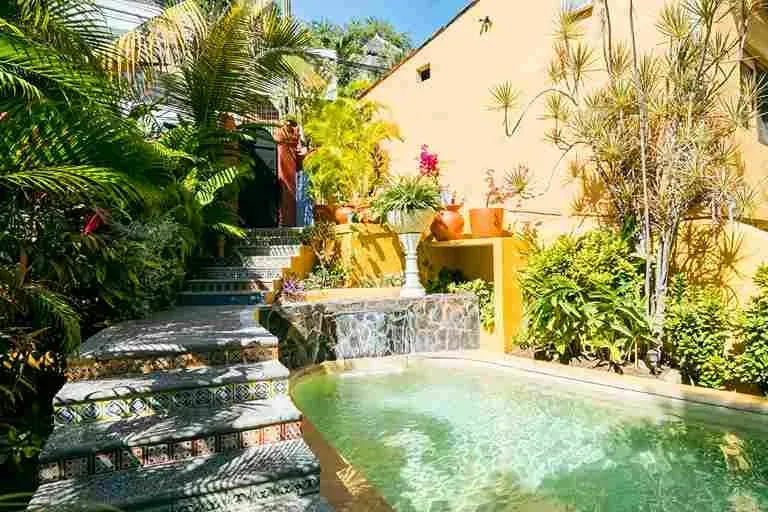 Mujer asomada a un mirador en la azotea, rodeada de palmeras, entorno tropical.
