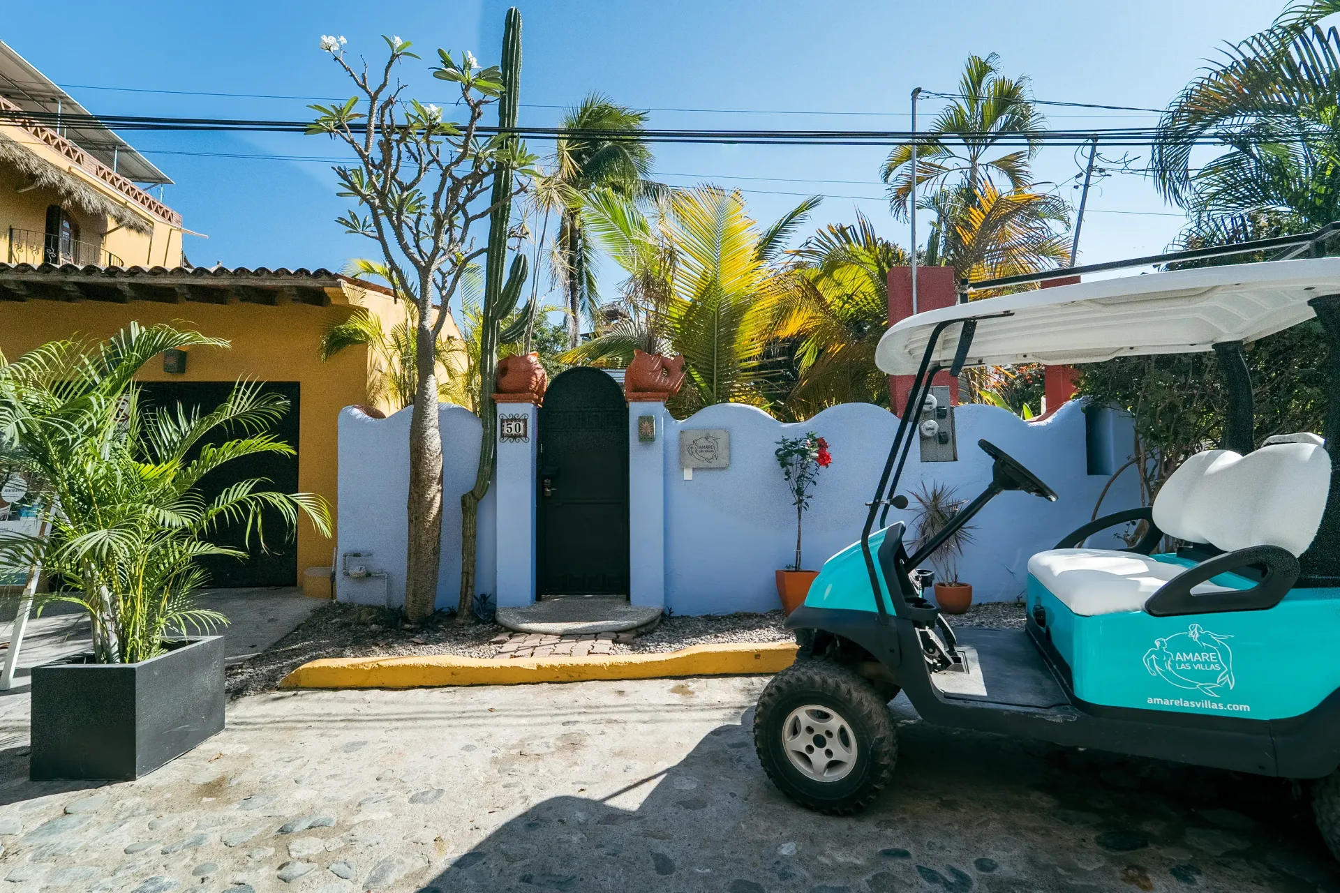 Teal golf cart parked in front of a blue gate with a house and tropical plants on a sunny day.