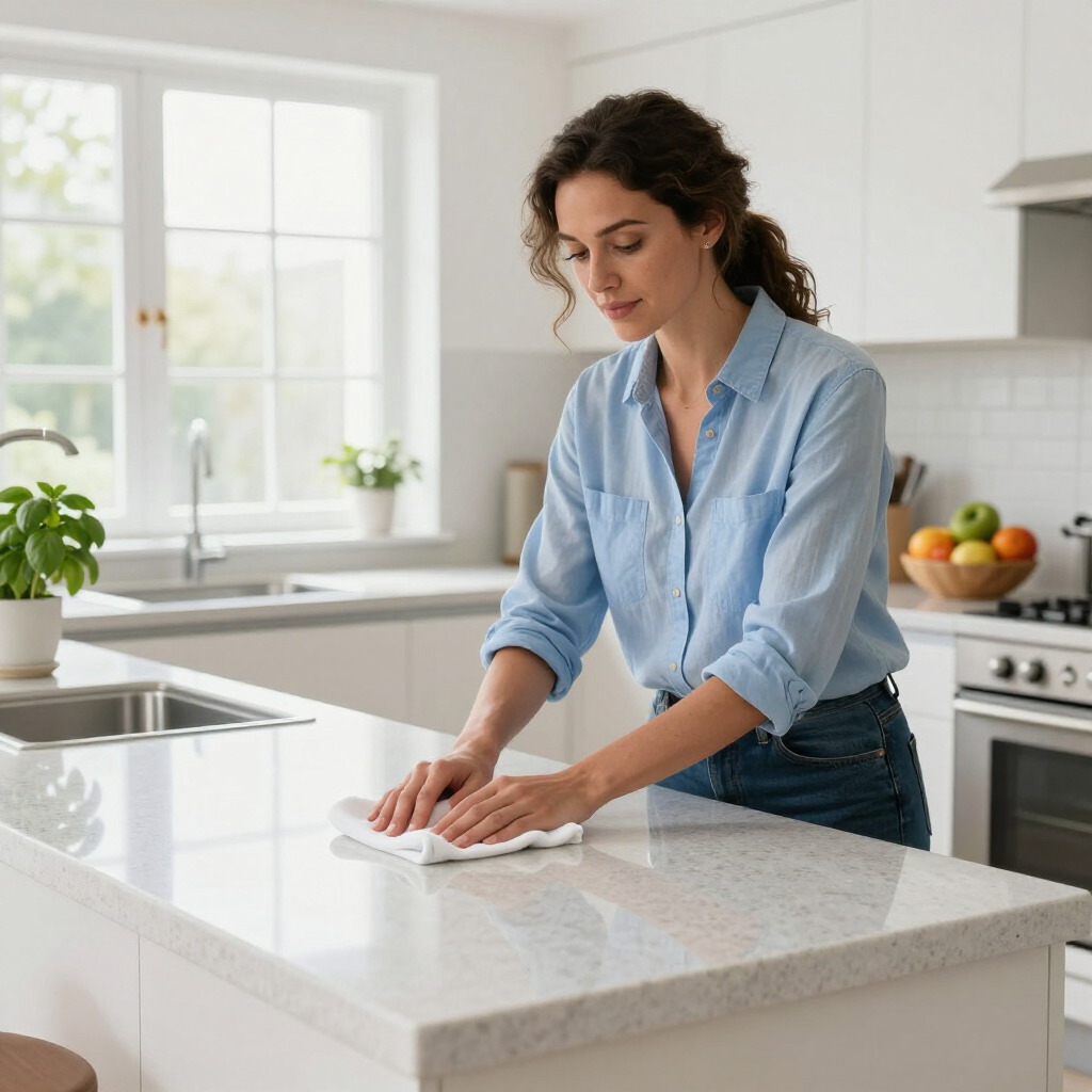 Woman wiping a white kitchen island in a bright, modern kitchen