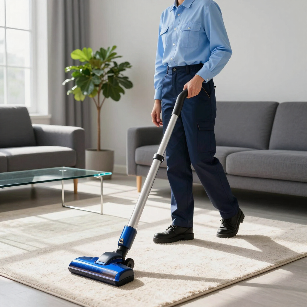 Person vacuuming a beige rug in a bright living room with gray sofa and glass coffee table
